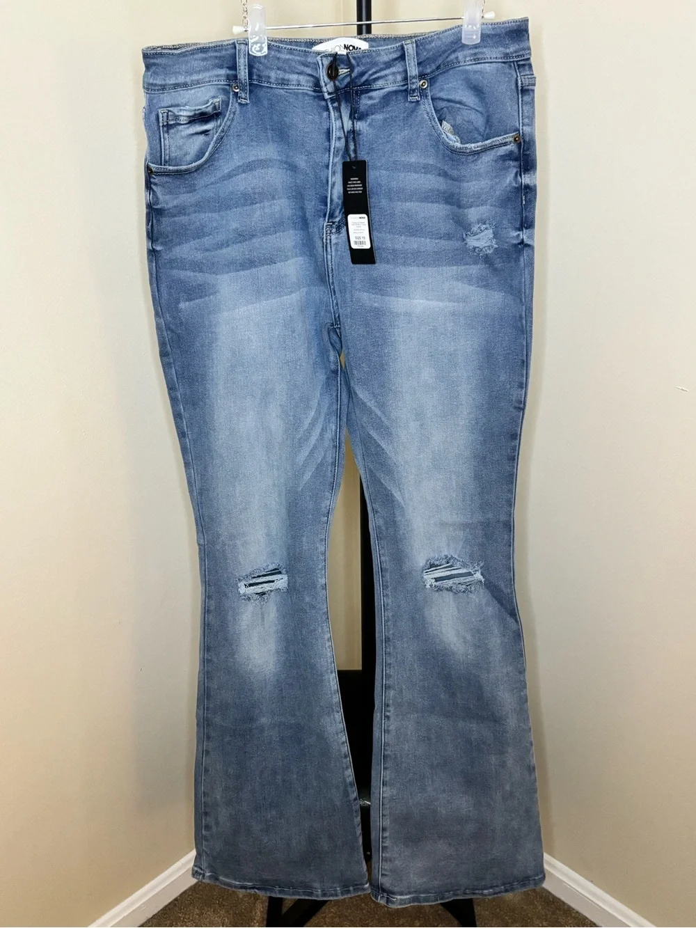 Fashion Nova Light Blue High-Rise Flare Jeans with Knee Rips - Picture 2 of 5